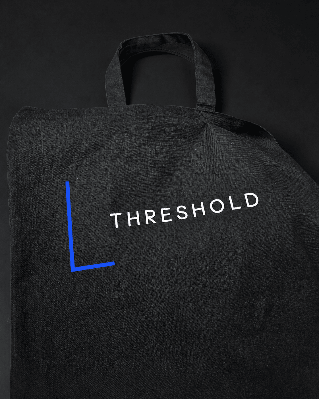 Record Carry, front, showing the Threshold wordmark and Blue Hour rail printed on natural black canvas